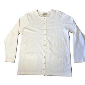 Vtg LL Bean Sweater Top Ladies Medium White Snap Button Down 100% cotton